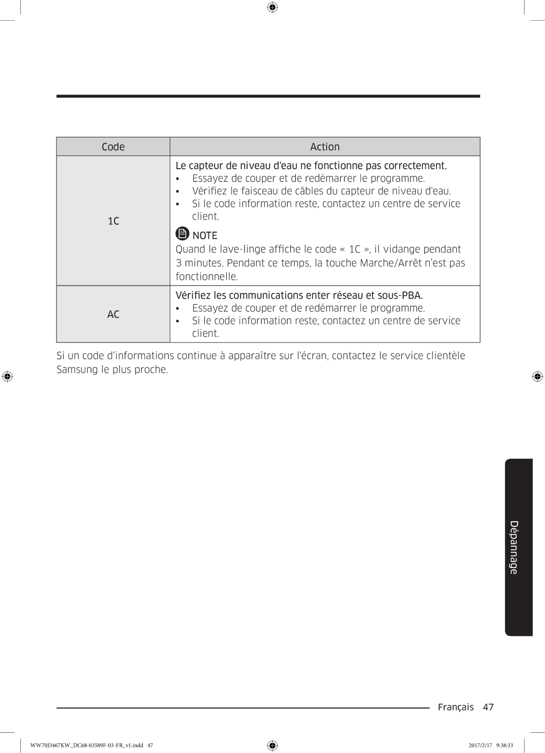 Samsung WW70J3483KW/EF, WW70J3480GS/EF, WW80J3267KW/EF, WW80J3280GS/EF, WW70J3283KW/EF, WW70J3467KW/EF manual Français  